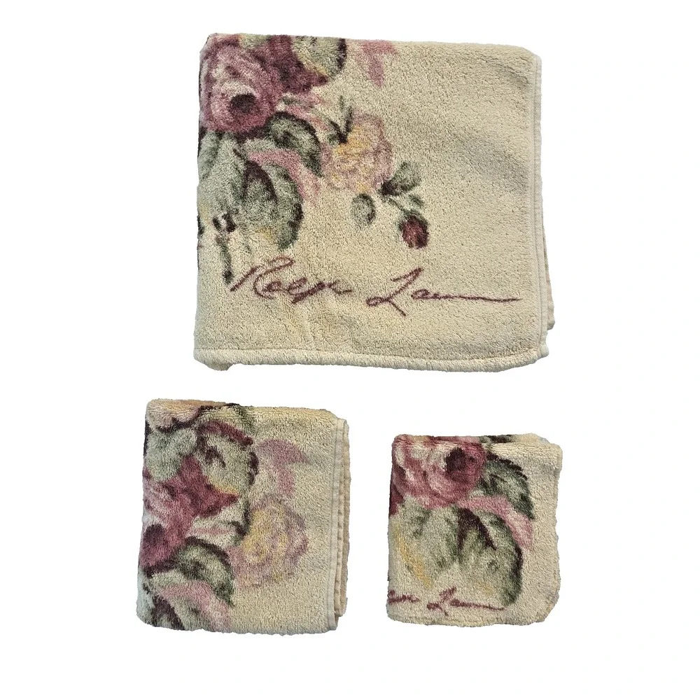 Vtg 3‎ pc Ralph Lauren Kathleen Bath Towel Set Bath Hand Face Cloth Yellow Roses